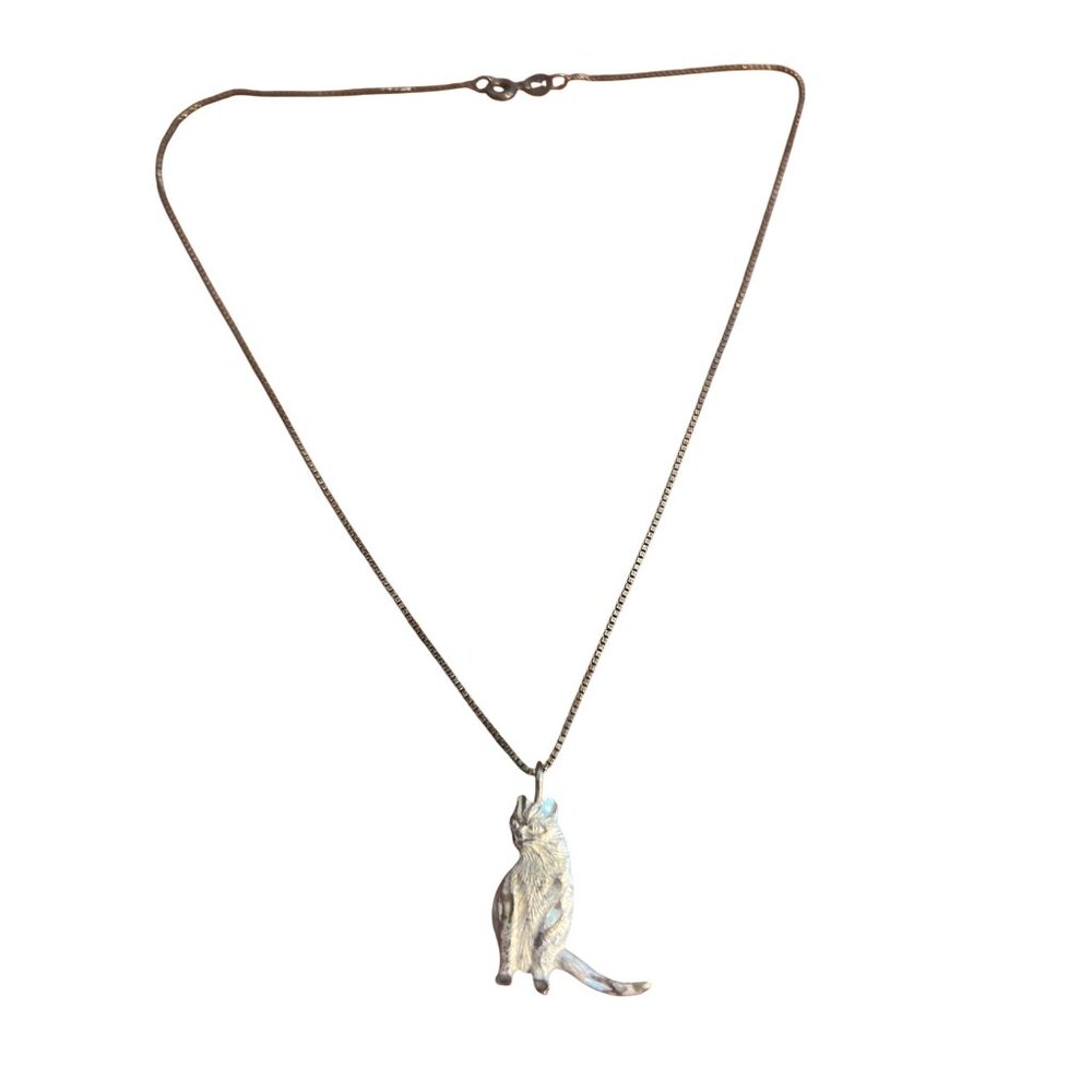Vintage Sterling Silver Etched Cat Pendant Box Chain Necklace Spring Ring 16"